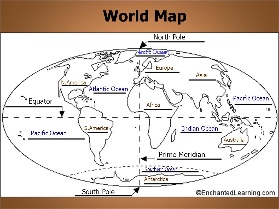 World Map Prime Meridian Equator North Pole South Pole N.America S.America Africa Europe Asia Australia Antarctica Pacific Ocean Atlantic Ocean Pacific Ocean Indian Ocean Southern Ocean Arctic Ocean
