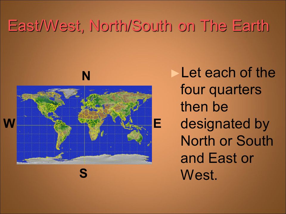 East/West, North/South on The Earth ► Let each of the four quarters then be designated by North or South and East or West.