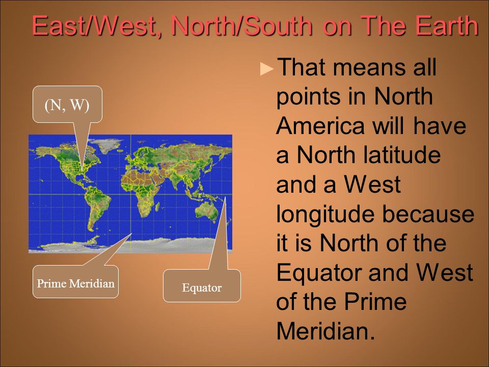 ► That means all points in North America will have a North latitude and a West longitude because it is North of the Equator and West of the Prime Meridian.