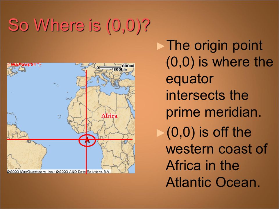 So Where is (0,0). ► The origin point (0,0) is where the equator intersects the prime meridian.