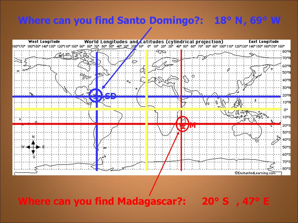 Where can you find Madagascar :, 69° W18° NWhere can you find Santo Domingo : 20° S, 47° E SD M ± ±