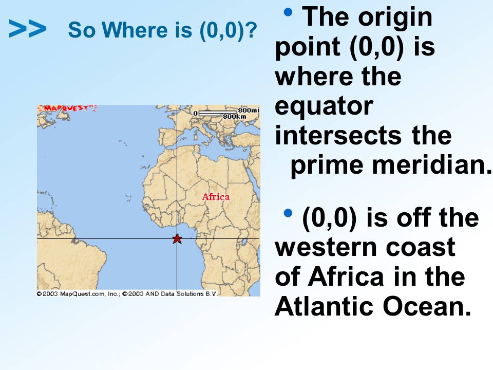 So Where is (0,0).  The origin point (0,0) is where the equator intersects the prime meridian.