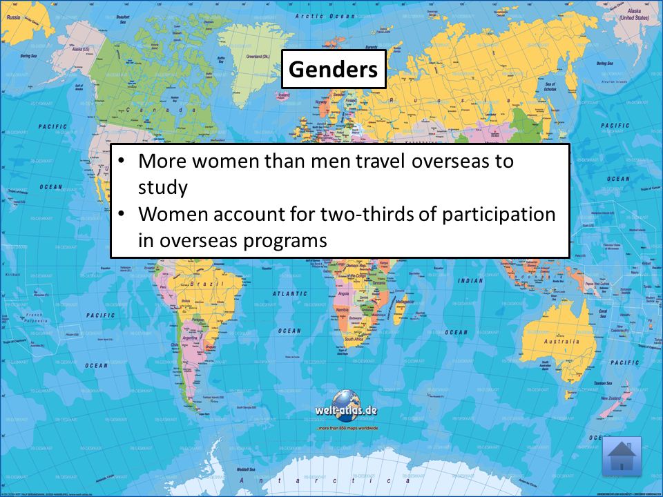 Genders More women than men travel overseas to study Women account for two-thirds of participation in overseas programs