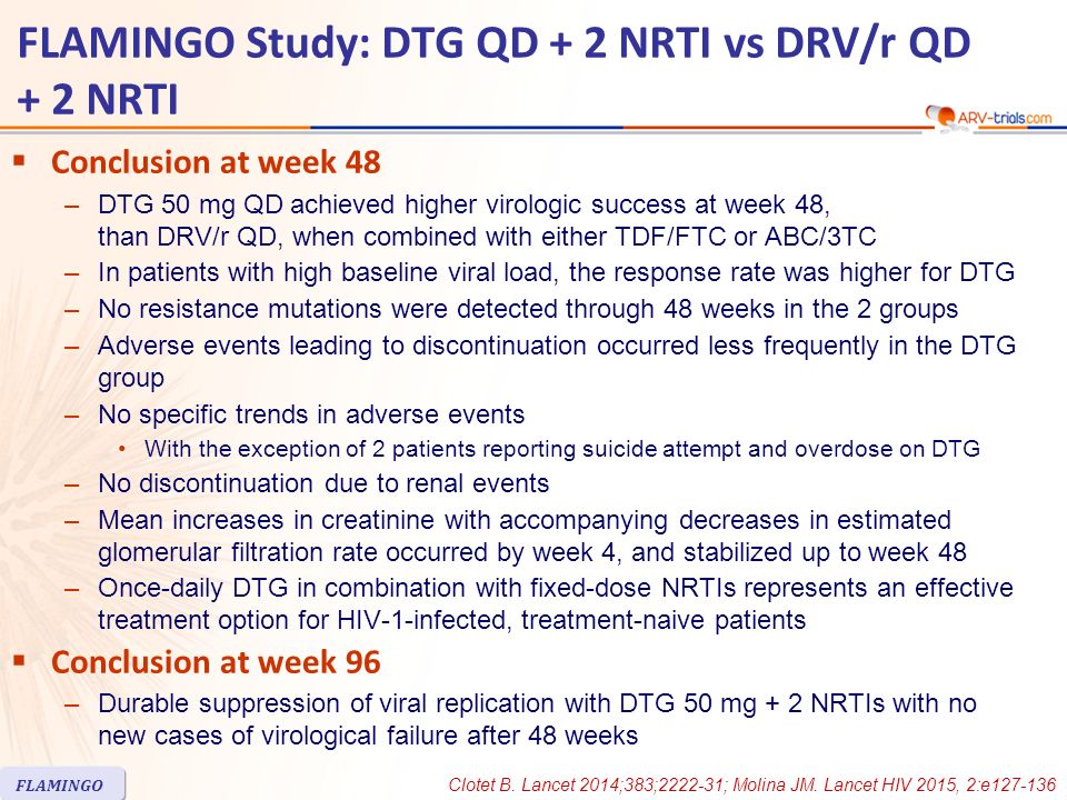  Conclusion at week 48 –DTG 50 mg QD achieved higher virologic success at week 48, than DRV/r QD, when combined with either TDF/FTC or ABC/3TC –In patients with high baseline viral load, the response rate was higher for DTG –No resistance mutations were detected through 48 weeks in the 2 groups –Adverse events leading to discontinuation occurred less frequently in the DTG group –No specific trends in adverse events With the exception of 2 patients reporting suicide attempt and overdose on DTG –No discontinuation due to renal events –Mean increases in creatinine with accompanying decreases in estimated glomerular filtration rate occurred by week 4, and stabilized up to week 48 –Once-daily DTG in combination with fixed-dose NRTIs represents an effective treatment option for HIV-1-infected, treatment-naive patients  Conclusion at week 96 –Durable suppression of viral replication with DTG 50 mg + 2 NRTIs with no new cases of virological failure after 48 weeks FLAMINGO FLAMINGO Study: DTG QD + 2 NRTI vs DRV/r QD + 2 NRTI Clotet B.