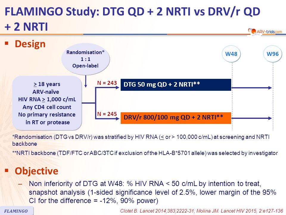  Design  Objective –Non inferiority of DTG at W48: % HIV RNA < 50 c/mL by intention to treat, snapshot analysis (1-sided significance level of 2.5%, lower margin of the 95% CI for the difference = -12%, 90% power) DTG 50 mg QD + 2 NRTI** DRV/r 800/100 mg QD + 2 NRTI** Randomisation* 1 : 1 Open-label > 18 years ARV-naïve HIV RNA > 1,000 c/mL Any CD4 cell count No primary resistance in RT or protease *Randomisation (DTG vs DRV/r) was stratified by HIV RNA ( 100,000 c/mL) at screening and NRTI backbone N = 245 N = 243 W48W96 FLAMINGO **NRTI backbone (TDF/FTC or ABC/3TC if exclusion of the HLA-B*5701 allele) was selected by investigator FLAMINGO Study: DTG QD + 2 NRTI vs DRV/r QD + 2 NRTI Clotet B.