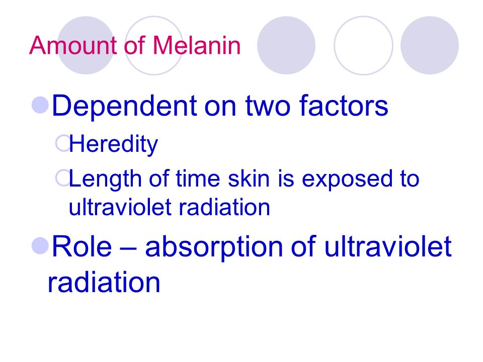 Amount of Melanin Dependent on two factors  Heredity  Length of time skin is exposed to ultraviolet radiation Role – absorption of ultraviolet radiation