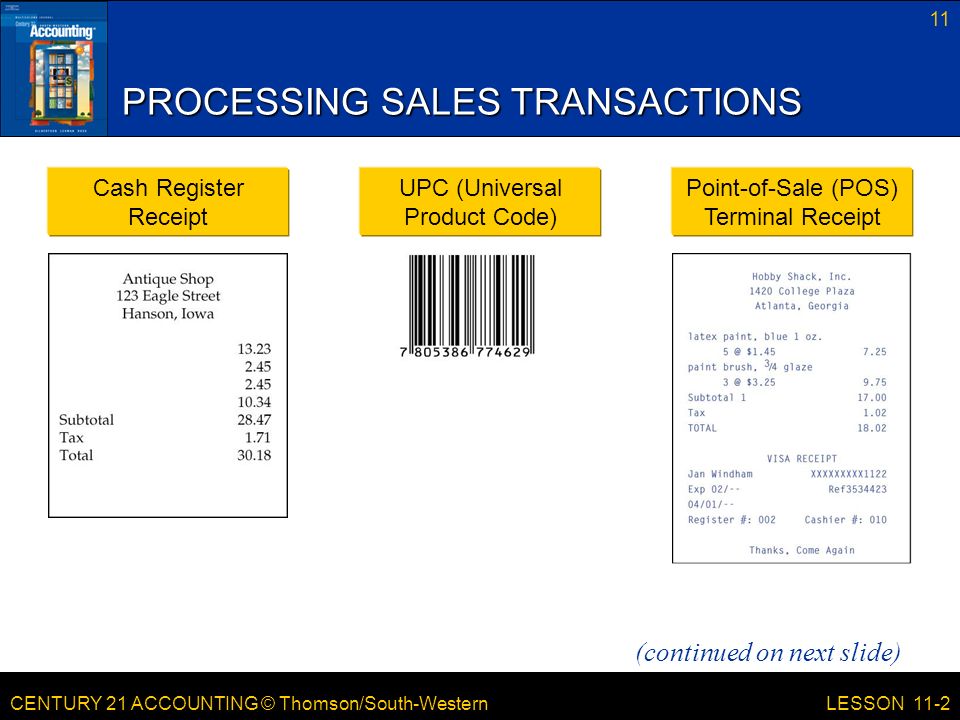 CENTURY 21 ACCOUNTING © Thomson/South-Western 11 LESSON 11-2 PROCESSING SALES TRANSACTIONS UPC (Universal Product Code) Cash Register Receipt Point-of-Sale (POS) Terminal Receipt (continued on next slide)
