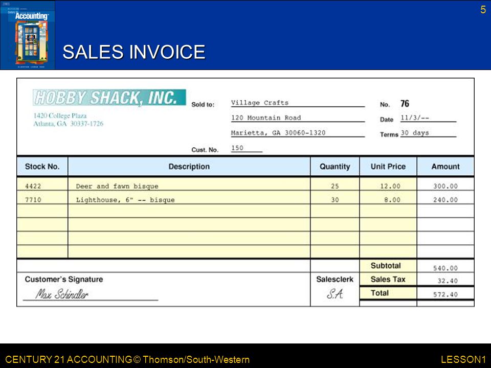CENTURY 21 ACCOUNTING © Thomson/South-Western 5 LESSON1 SALES INVOICE