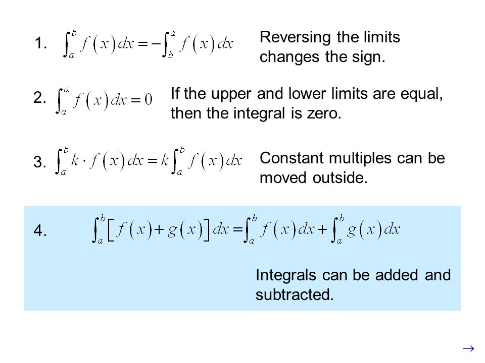 1. If the upper and lower limits are equal, then the integral is zero.