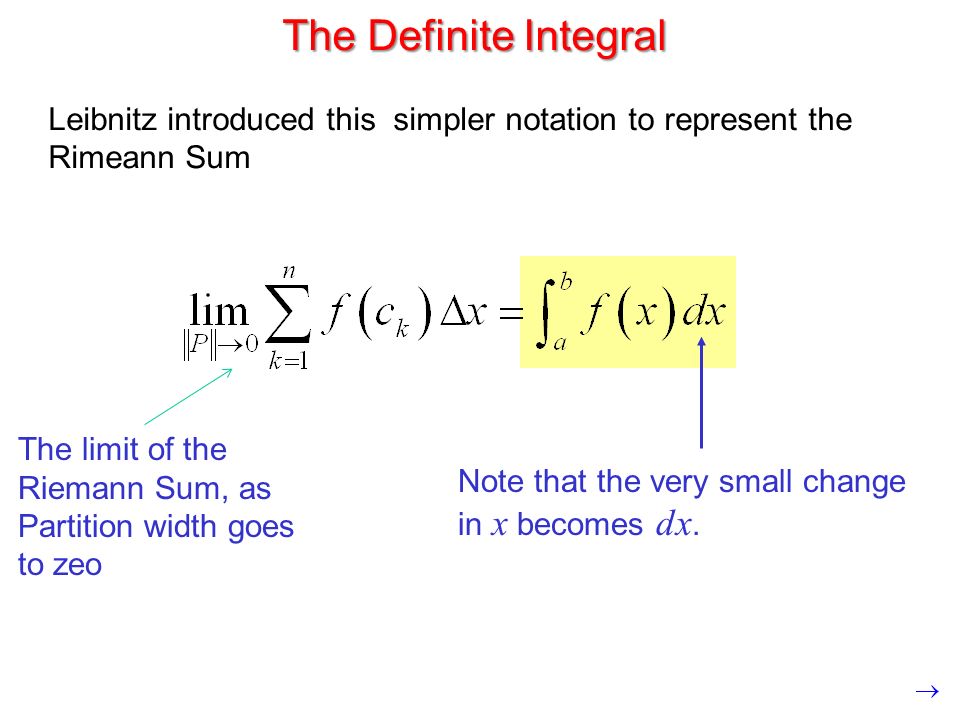 The Definite Integral Leibnitz introduced this simpler notation to represent the Rimeann Sum Note that the very small change in x becomes dx.