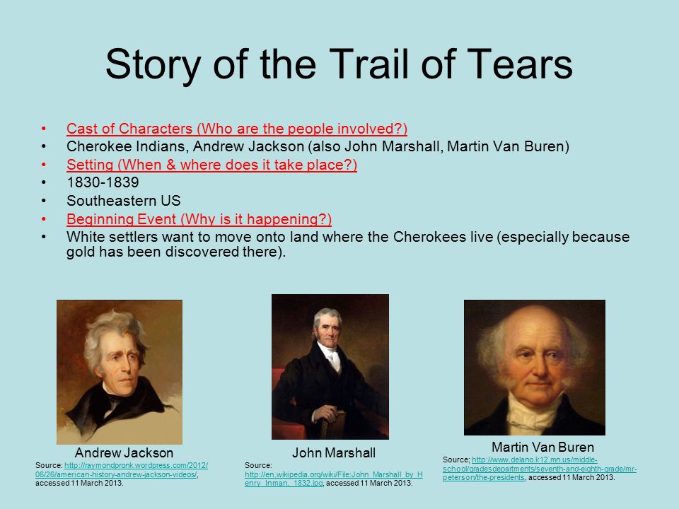 Story of the Trail of Tears Cast of Characters (Who are the people involved ) Cherokee Indians, Andrew Jackson (also John Marshall, Martin Van Buren) Setting (When & where does it take place ) Southeastern US Beginning Event (Why is it happening ) White settlers want to move onto land where the Cherokees live (especially because gold has been discovered there).