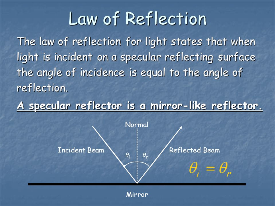 Law of Reflection The law of reflection for light states that when light is incident on a specular reflecting surface the angle of incidence is equal to the angle of reflection.