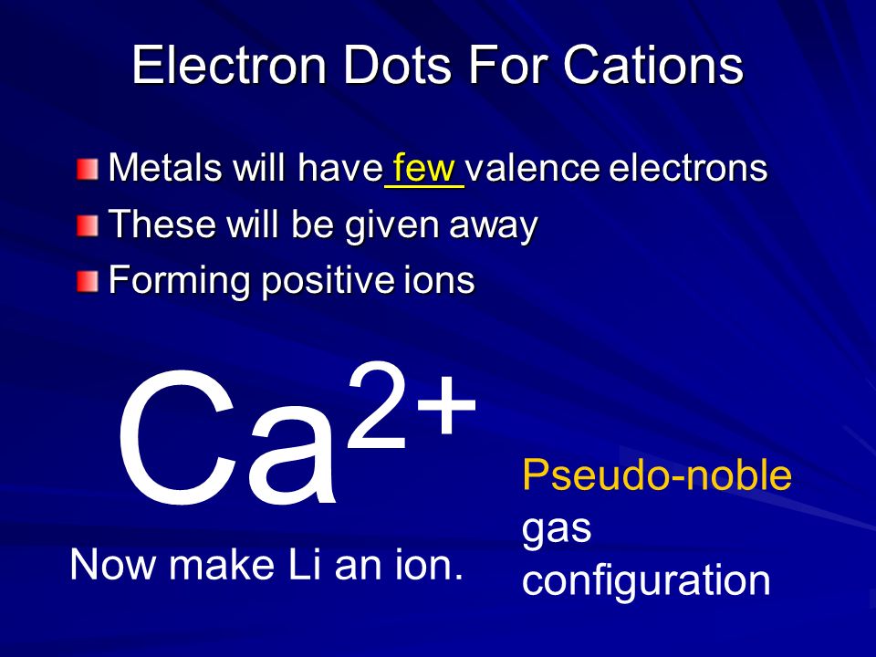Electron Dots For Cations Metals will have few valence electrons These be given away Ca