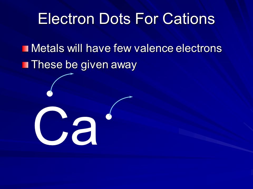 Electron Dots For Cations Metals will have few valence electrons (usually 3 or less) Ca