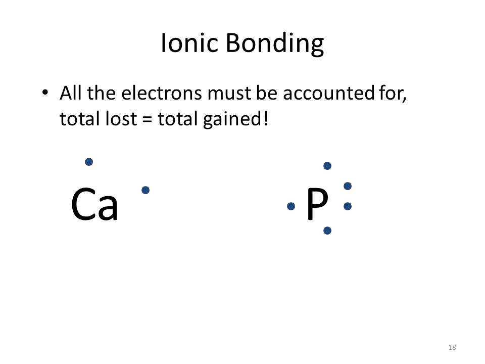 17 Counting Electrons During the formation of an ionic compound the total number of electrons lost (by metals in forming cations) must equal the total number of electrons gained (by anions).
