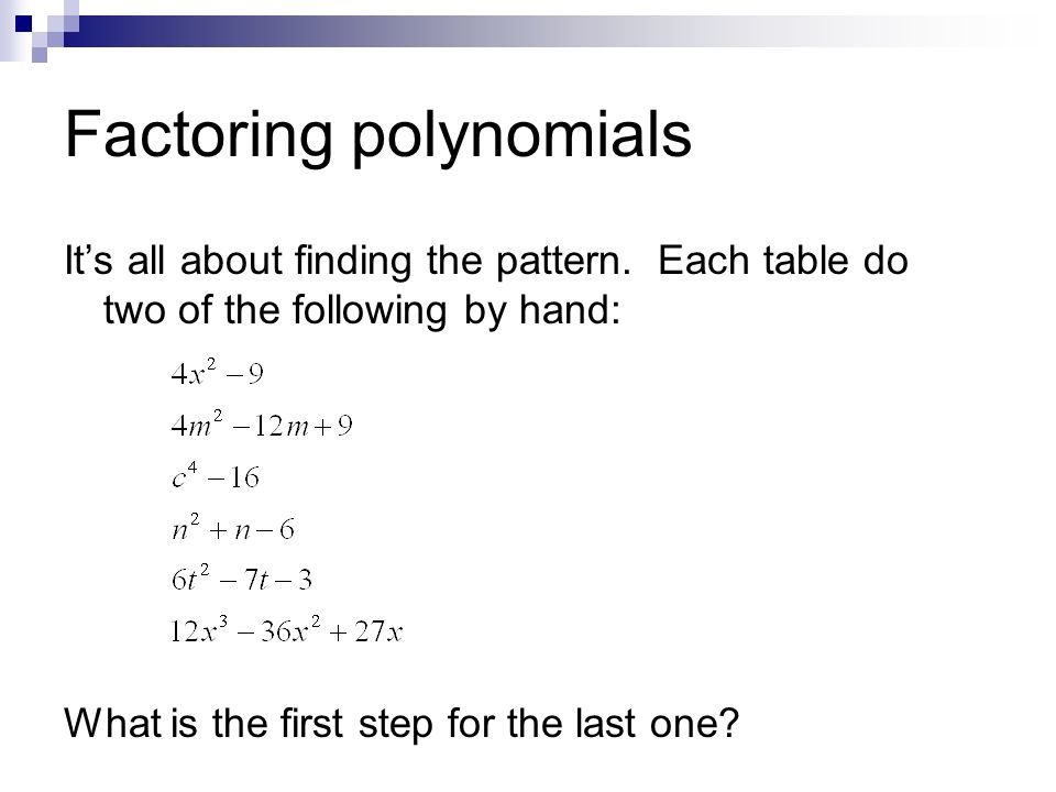 Factoring polynomials It’s all about finding the pattern.