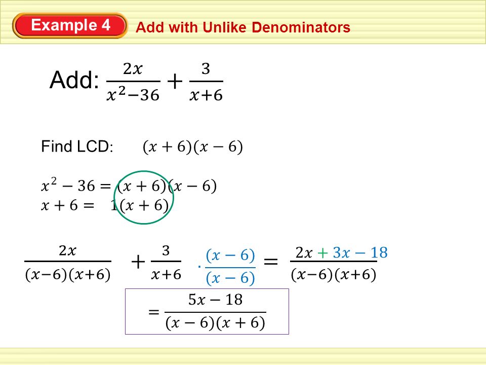 Example 4 Add with Unlike Denominators