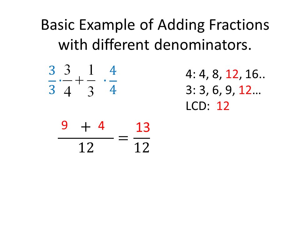 Basic Example of Adding Fractions with different denominators.