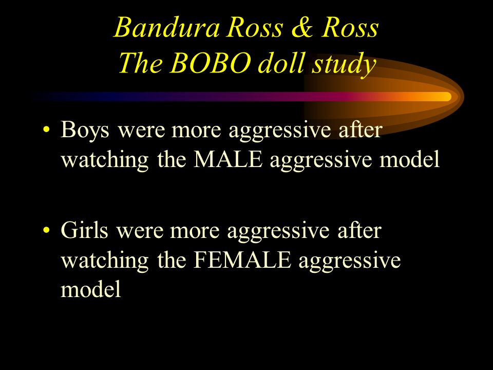 Bandura Ross & Ross The BOBO doll study GENDER RESULTS Boys imitated more physical aggression (but not verbal)