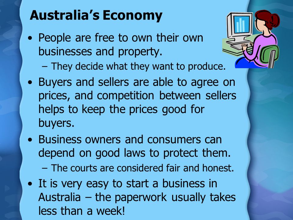 Australia’s Economy People are free to own their own businesses and property.