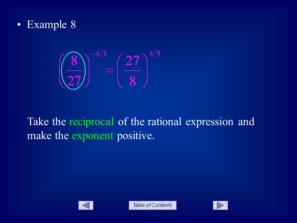 Table of Contents Example 8 Take the reciprocal of the rational expression and make the exponent positive.