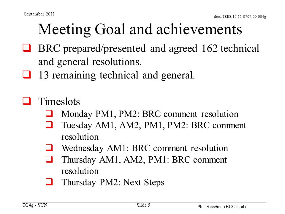 doc.: IEEE g TG4g - SUN September 2011 Phil Beecher, (BCC et al) Slide 5 Meeting Goal and achievements  BRC prepared/presented and agreed 162 technical and general resolutions.