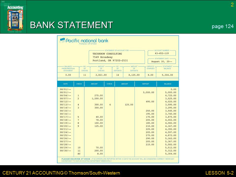 CENTURY 21 ACCOUNTING © Thomson/South-Western 2 LESSON 5-2 BANK STATEMENT page 124