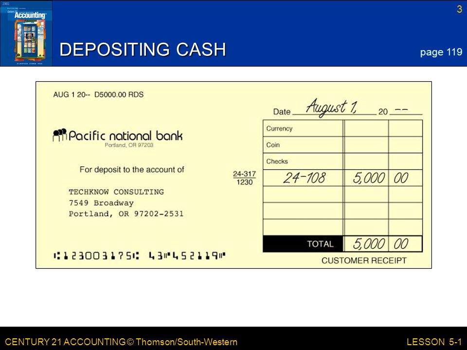CENTURY 21 ACCOUNTING © Thomson/South-Western 3 LESSON 5-1 DEPOSITING CASH page 119