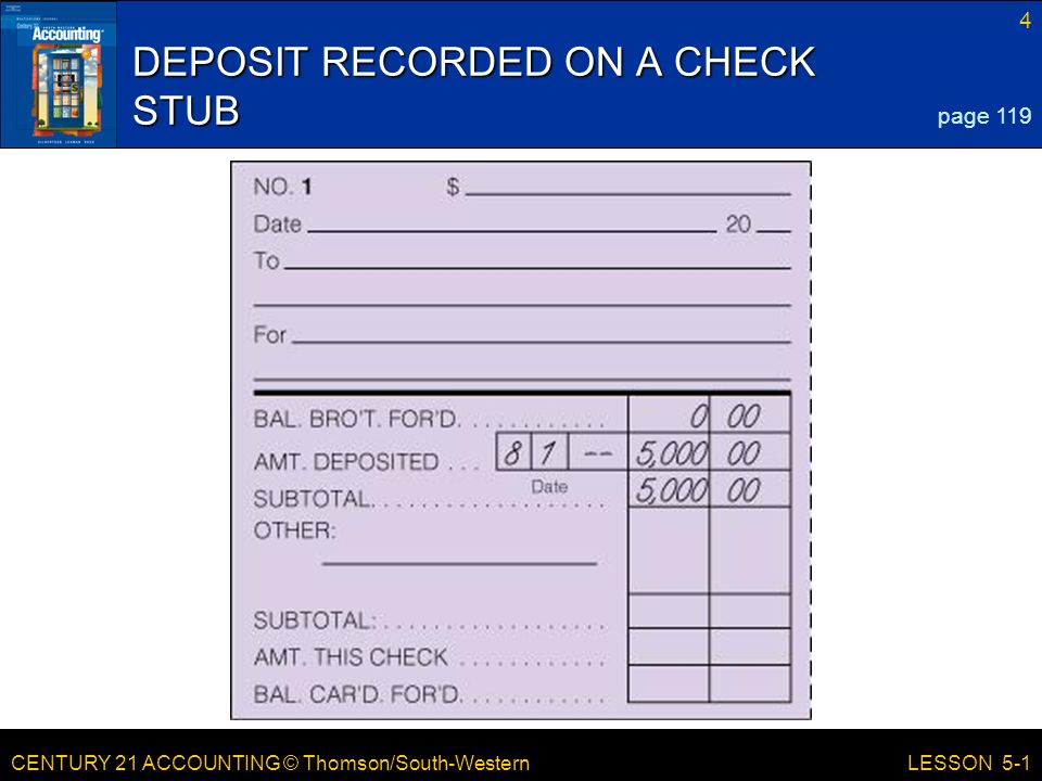 CENTURY 21 ACCOUNTING © Thomson/South-Western 4 LESSON 5-1 DEPOSIT RECORDED ON A CHECK STUB page 119