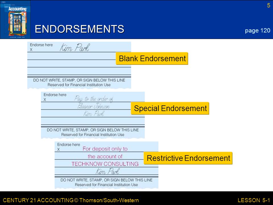 CENTURY 21 ACCOUNTING © Thomson/South-Western 5 LESSON 5-1 ENDORSEMENTS page 120 Blank Endorsement Special Endorsement Restrictive Endorsement