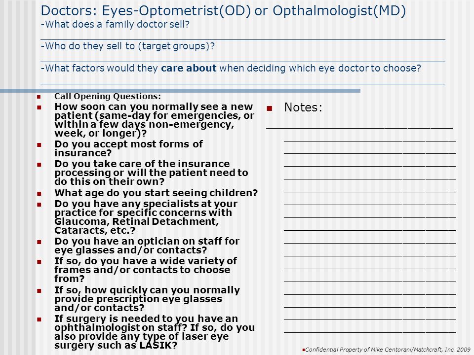 Doctors: Eyes-Optometrist(OD) or Opthalmologist(MD) -What does a family doctor sell.