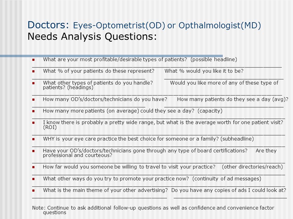 Doctors: Eyes-Optometrist(OD) or Opthalmologist(MD) Needs Analysis Questions: What are your most profitable/desirable types of patients.