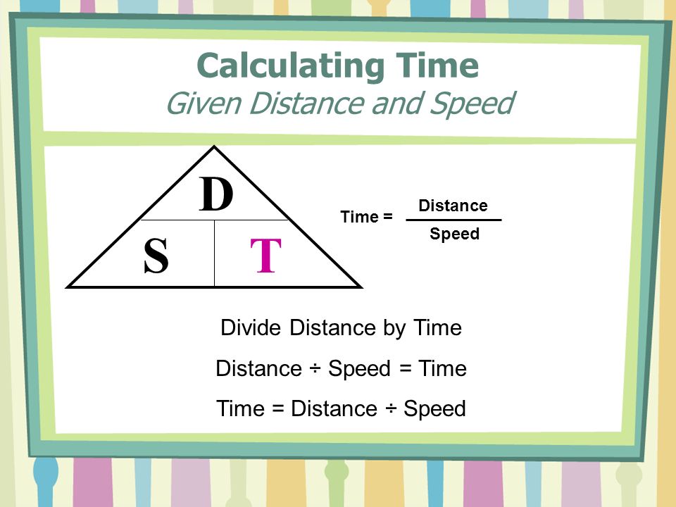 Calculating Time Given Distance and Speed Divide Distance by Time Distance ÷ Speed = Time Time = Distance ÷ Speed D ST Time = Distance Speed
