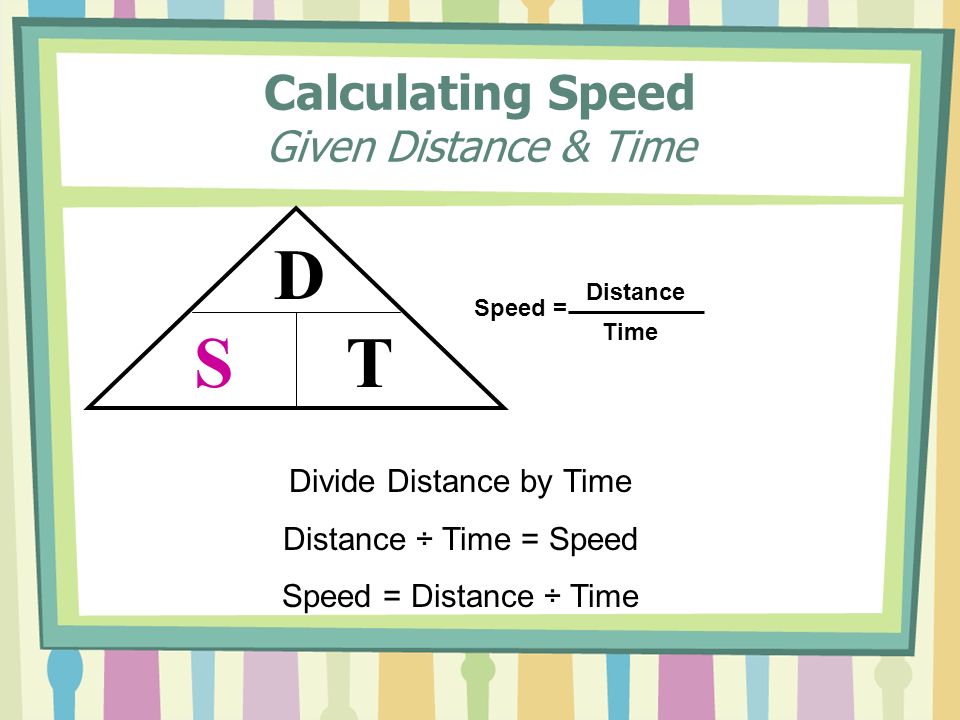Calculating Speed Given Distance & Time Divide Distance by Time Distance ÷ Time = Speed Speed = Distance ÷ Time D ST Speed = Distance Time