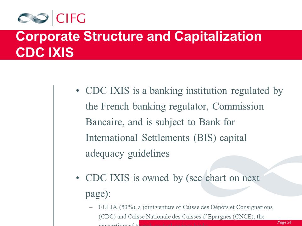 Page 24 Corporate Structure and Capitalization CDC IXIS CDC IXIS is a banking institution regulated by the French banking regulator, Commission Bancaire, and is subject to Bank for International Settlements (BIS) capital adequacy guidelines CDC IXIS is owned by (see chart on next page): –EULIA (53%), a joint venture of Caisse des Dépôts et Consignations (CDC) and Caisse Nationale des Caisses d’Epargnes (CNCE), the consortium of French mutual savings banks –CDC, directly (43.5%), and –San Paolo IMI, an Italian commercial bank (3.5%)
