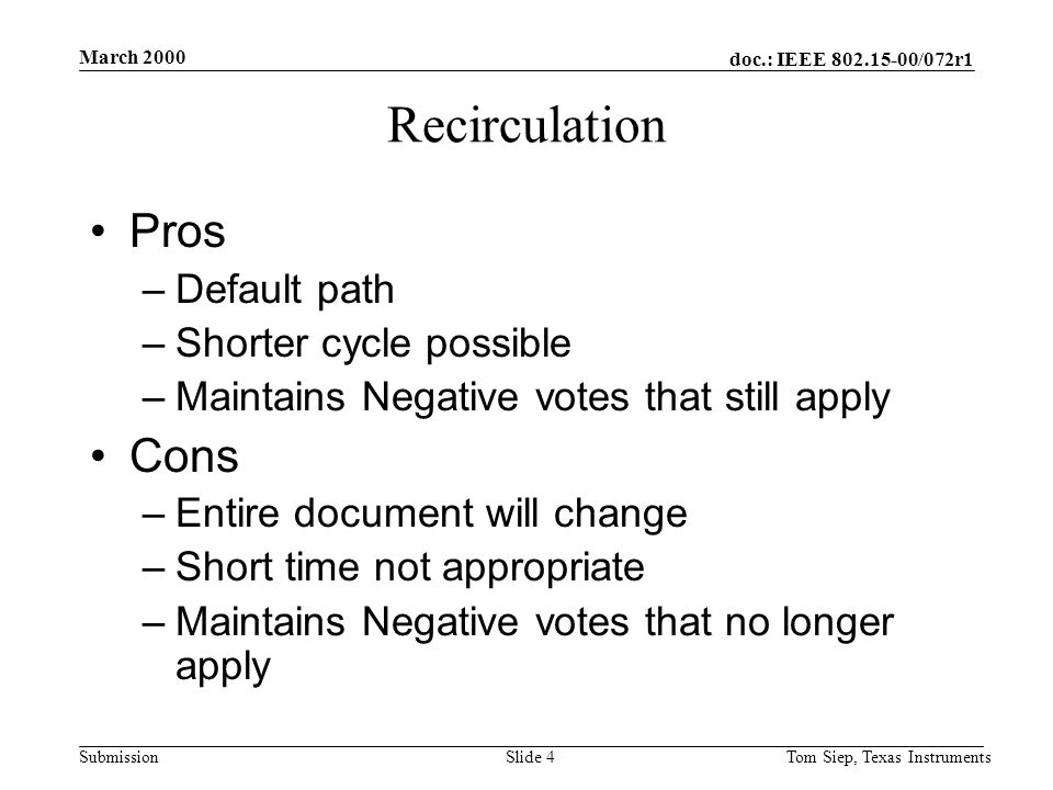 doc.: IEEE /072r1 Submission March 2000 Tom Siep, Texas InstrumentsSlide 4 Recirculation Pros –Default path –Shorter cycle possible –Maintains Negative votes that still apply Cons –Entire document will change –Short time not appropriate –Maintains Negative votes that no longer apply
