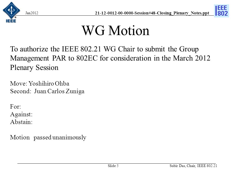 Session#48-Closing_Plenary_Notes.ppt WG Motion To authorize the IEEE WG Chair to submit the Group Management PAR to 802EC for consideration in the March 2012 Plenary Session Move: Yoshihiro Ohba Second: Juan Carlos Zuniga For: Against: Abstain: Motion passed unanimously Subir Das, Chair, IEEE Jan2012 Slide 5