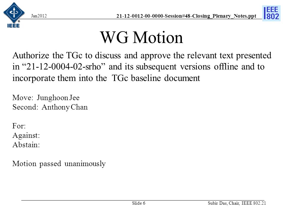 Session#48-Closing_Plenary_Notes.ppt WG Motion Authorize the TGc to discuss and approve the relevant text presented in srho and its subsequent versions offline and to incorporate them into the TGc baseline document Move: Junghoon Jee Second: Anthony Chan For: Against: Abstain: Motion passed unanimously Subir Das, Chair, IEEE Jan2012 Slide 6