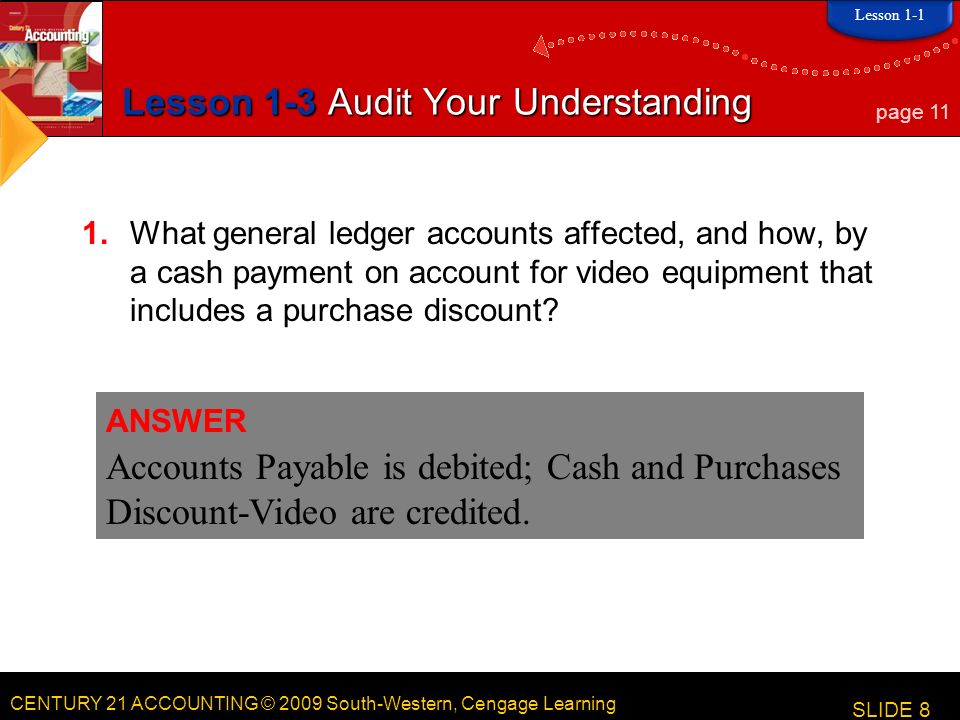 CENTURY 21 ACCOUNTING © 2009 South-Western, Cengage Learning Lesson 1-3 Audit Your Understanding 1.What general ledger accounts affected, and how, by a cash payment on account for video equipment that includes a purchase discount.