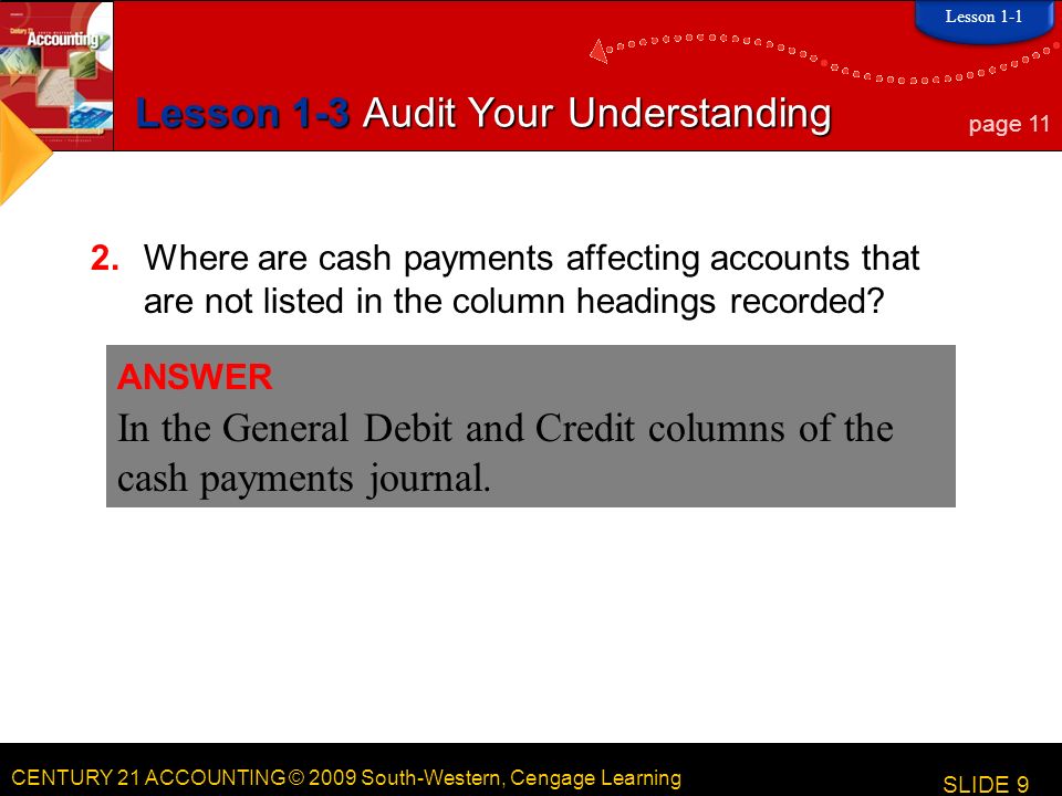 CENTURY 21 ACCOUNTING © 2009 South-Western, Cengage Learning Lesson 1-3 Audit Your Understanding 2.Where are cash payments affecting accounts that are not listed in the column headings recorded.