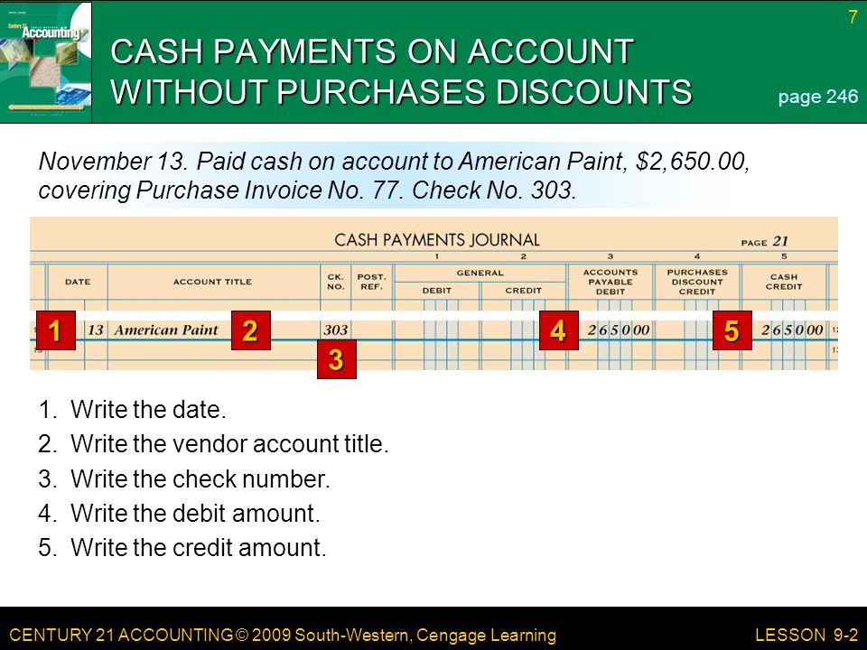CENTURY 21 ACCOUNTING © 2009 South-Western, Cengage Learning 7 LESSON 9-2 CASH PAYMENTS ON ACCOUNT WITHOUT PURCHASES DISCOUNTS page 246 November 13.