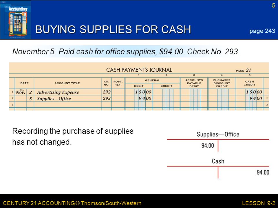 CENTURY 21 ACCOUNTING © Thomson/South-Western 5 LESSON 9-2 BUYING SUPPLIES FOR CASH page 243 November 5.
