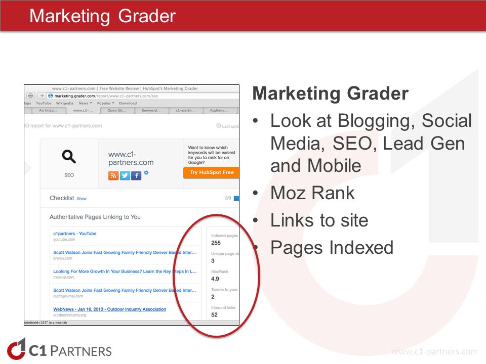 Marketing Grader Look at Blogging, Social Media, SEO, Lead Gen and Mobile Moz Rank Links to site Pages Indexed