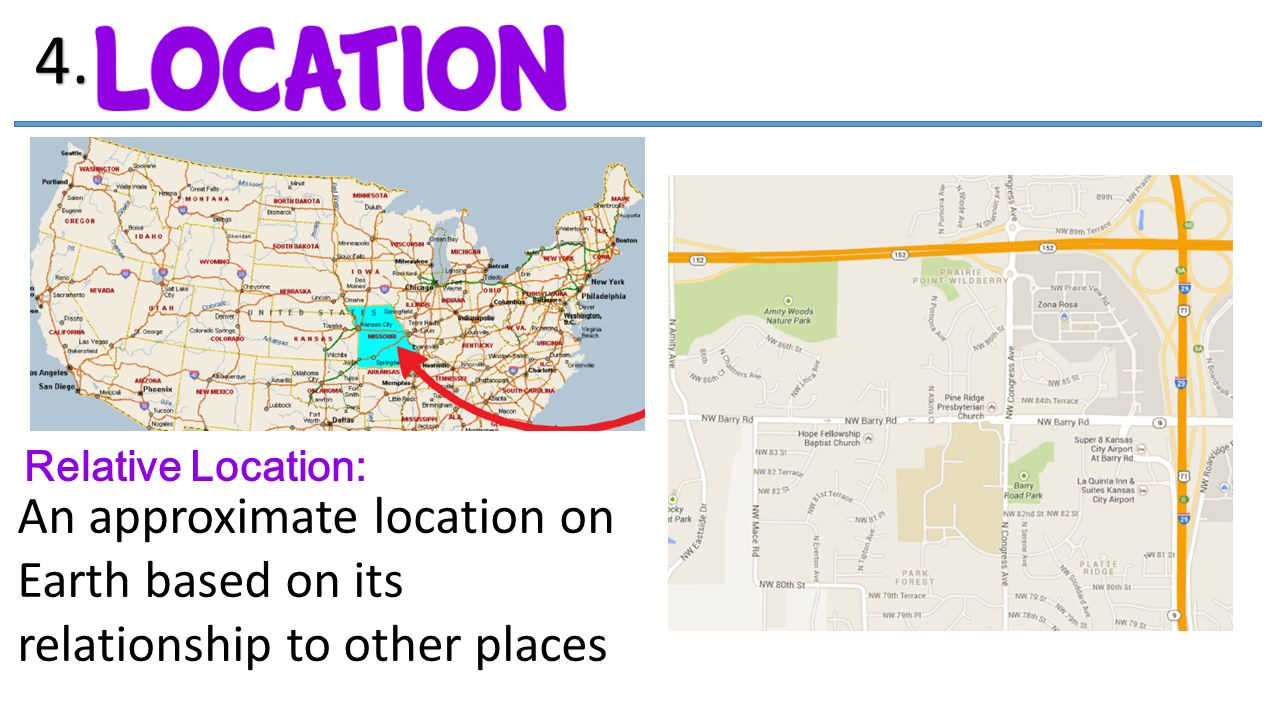 Relative Location: An approximate location on Earth based on its relationship to other places