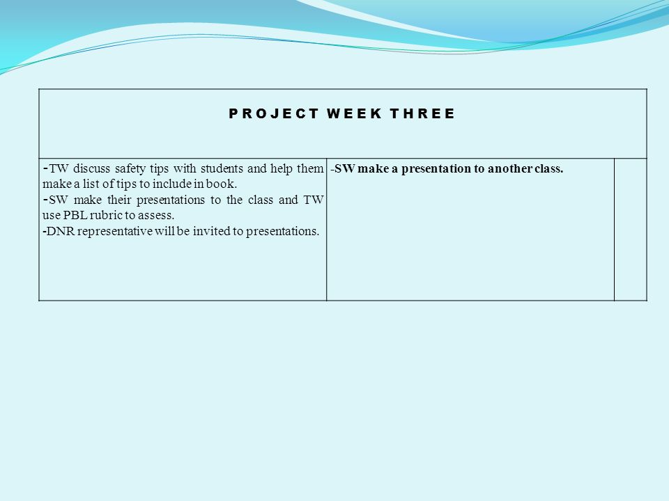 PROJECT WEEK THREE - TW discuss safety tips with students and help them make a list of tips to include in book.