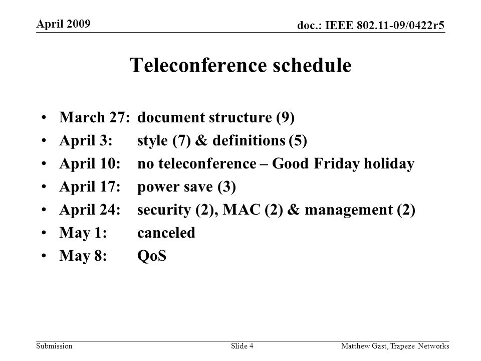 doc.: IEEE /0422r5 Submission April 2009 Matthew Gast, Trapeze NetworksSlide 4 Teleconference schedule March 27:document structure (9) April 3:style (7) & definitions (5) April 10:no teleconference – Good Friday holiday April 17:power save (3) April 24:security (2), MAC (2) & management (2) May 1:canceled May 8:QoS