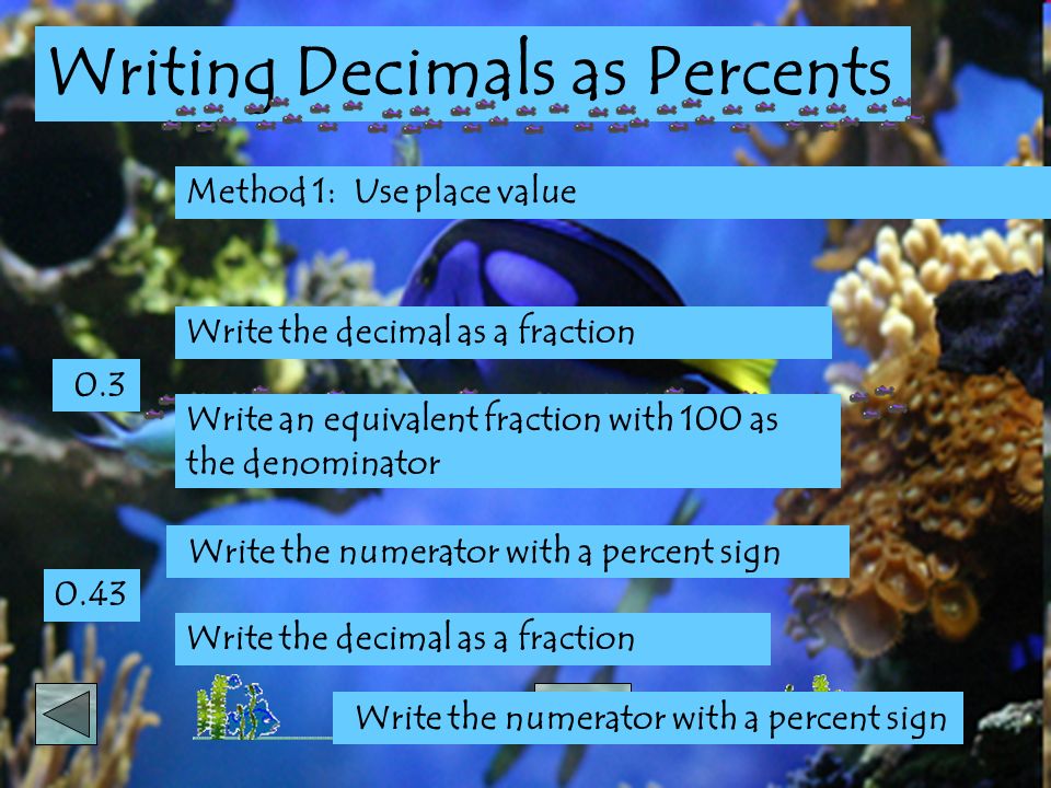 Main Menu Writing Decimals as Percents Method 1: Use place value 0.3 Write the decimal as a fraction Write an equivalent fraction with 100 as the denominator Write the numerator with a percent sign 0.43 Write the decimal as a fraction Write the numerator with a percent sign
