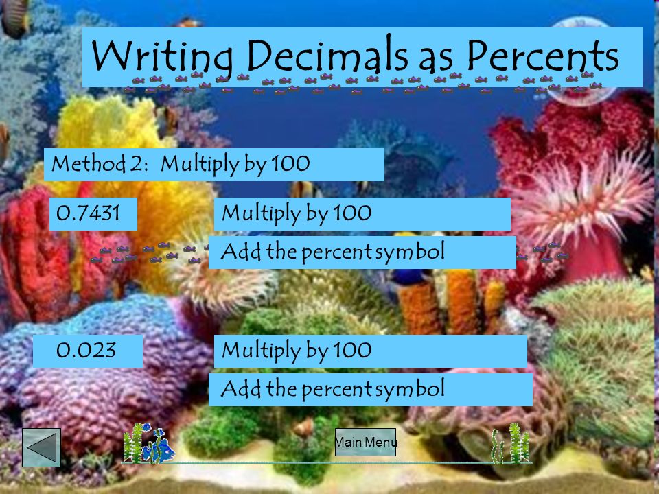 Main Menu Writing Decimals as Percents Method 2: Multiply by Multiply by 100 Add the percent symbol 0.023Multiply by 100 Add the percent symbol