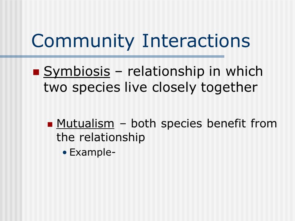 Community Interactions Symbiosis – relationship in which two species live closely together Mutualism – both species benefit from the relationship Example-