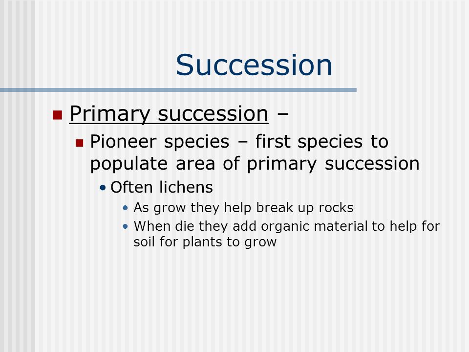 Succession Primary succession – Pioneer species – first species to populate area of primary succession Often lichens As grow they help break up rocks When die they add organic material to help for soil for plants to grow
